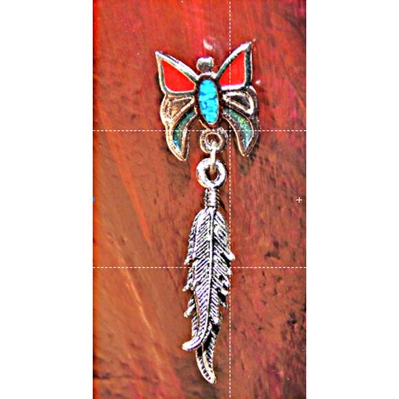 1.5" Vintage Signed Turquoise Coral Butterfly/Feather Earrings - Picture 8 of 11